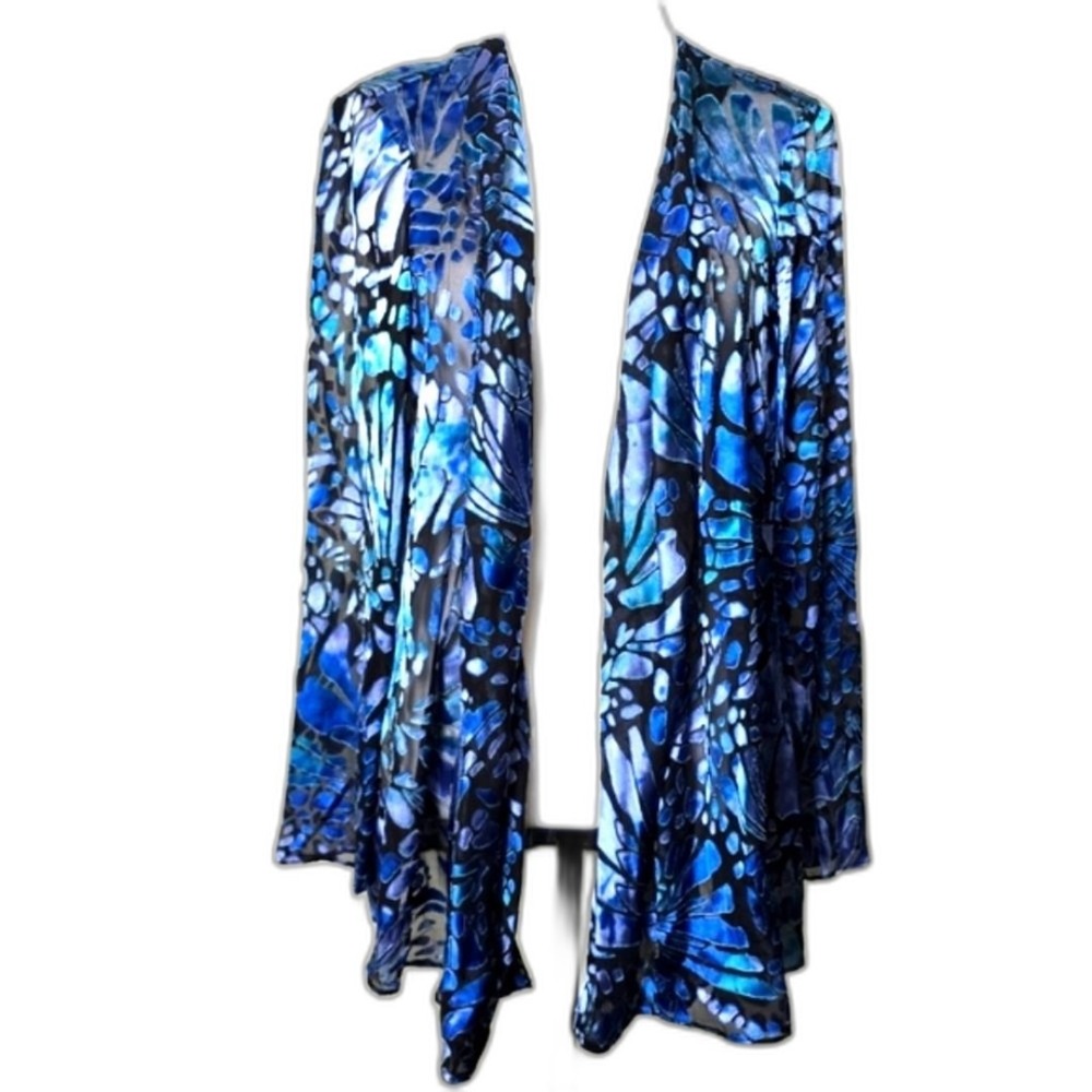 Chicos Blue Butterfly Burnout Velvet Silk Blend Kimono Cardigan Wrap Size 1 M